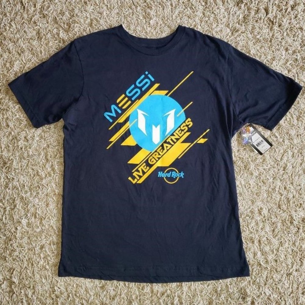 Brand new w/ Tags Hard Rock Cafe "Messi" theme navy blue short sleeve t-shirt